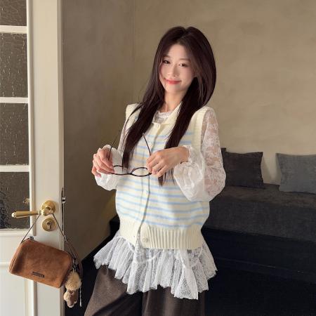 FA51674# 韩版温柔甜美时尚套装蕾丝打底衫+针织条纹马甲两件套 服裝批發女裝批發服飾貨源