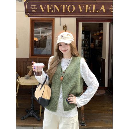 FA51676# 秋冬叠穿针织背心时尚穿搭马甲+蕾丝打底衫T恤 服裝批發女裝批發服飾貨源