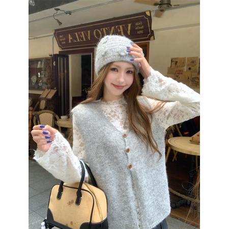 FA51676# 秋冬叠穿针织背心时尚穿搭马甲+蕾丝打底衫T恤 服裝批發女裝批發服飾貨源