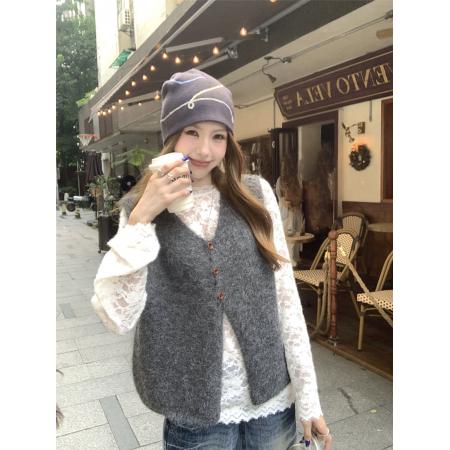 FA51676# 秋冬叠穿针织背心时尚穿搭马甲+蕾丝打底衫T恤 服裝批發女裝批發服飾貨源