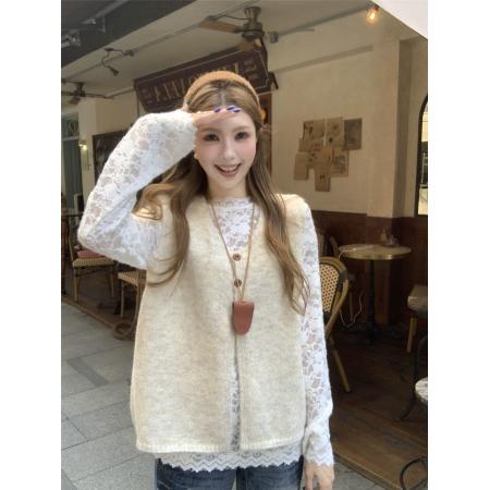 FA51676# 秋冬叠穿针织背心时尚穿搭马甲+蕾丝打底衫T恤 服裝批發女裝批發服飾貨源