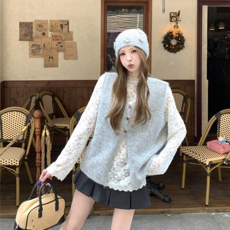 FA51676# 秋冬叠穿针织背心时尚穿搭马甲+蕾丝打底衫T恤 服裝批發女裝批發服飾貨源