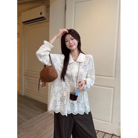 FA51677# 纯色提花长袖针织衬衫女小个子娃娃领百搭宽松上衣 服裝批發女裝批發服飾貨源