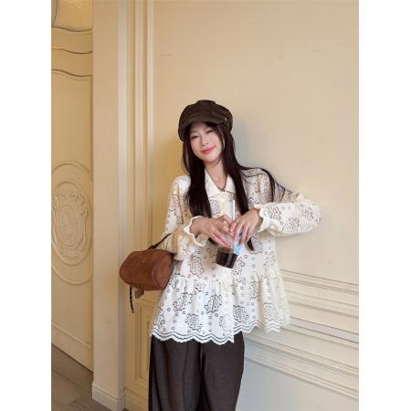 FA51677# 纯色提花长袖针织衬衫女小个子娃娃领百搭宽松上衣 服裝批發女裝批發服飾貨源