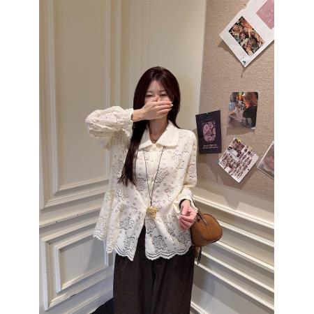 FA51677# 纯色提花长袖针织衬衫女小个子娃娃领百搭宽松上衣 服裝批發女裝批發服飾貨源