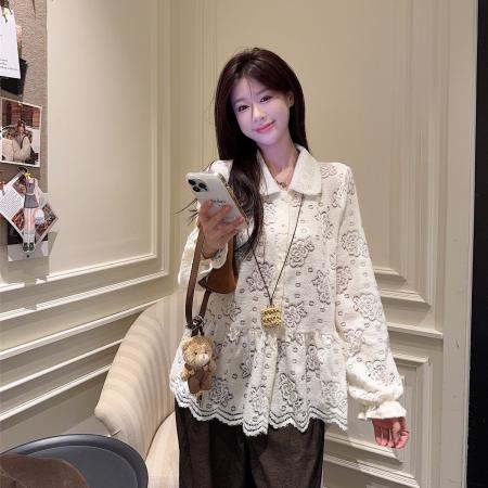 FA51677# 纯色提花长袖针织衬衫女小个子娃娃领百搭宽松上衣 服裝批發女裝批發服飾貨源