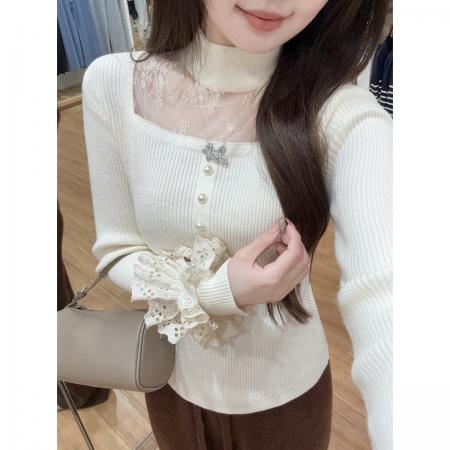FA51678# 秋冬韩版纯欲方领蕾丝拼接镂空挂脖安迪绒针织衫上衣女 服裝批發女裝批發服飾貨源