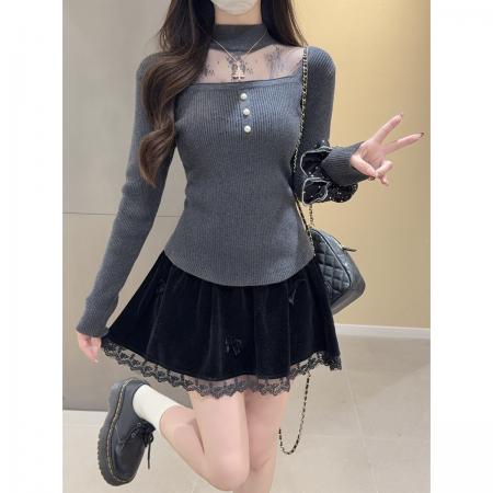 FA51678# 秋冬韩版纯欲方领蕾丝拼接镂空挂脖安迪绒针织衫上衣女 服裝批發女裝批發服飾貨源