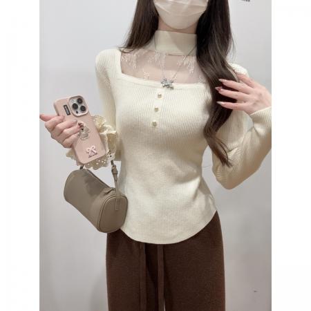 FA51678# 秋冬韩版纯欲方领蕾丝拼接镂空挂脖安迪绒针织衫上衣女 服裝批發女裝批發服飾貨源
