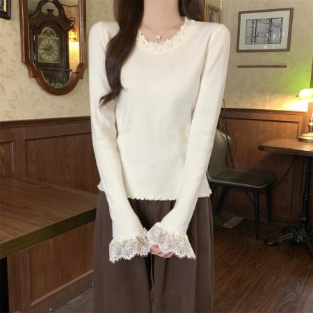 FA51679# 秋冬韩版温柔木耳边圆领蕾丝边喇叭袖安迪绒针织衫上衣 服裝批發女裝批發服飾貨源