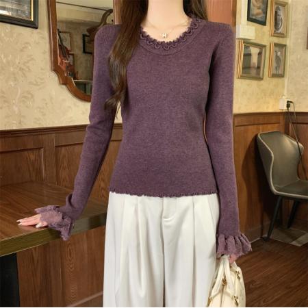 FA51679# 秋冬韩版温柔木耳边圆领蕾丝边喇叭袖安迪绒针织衫上衣 服裝批發女裝批發服飾貨源