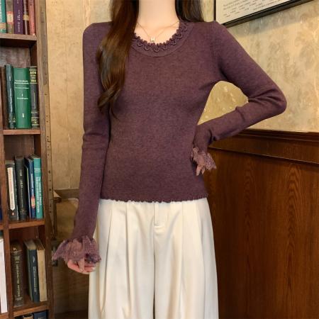 FA51679# 秋冬韩版温柔木耳边圆领蕾丝边喇叭袖安迪绒针织衫上衣 服裝批發女裝批發服飾貨源