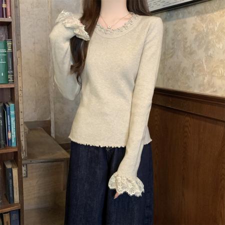FA51679# 秋冬韩版温柔木耳边圆领蕾丝边喇叭袖安迪绒针织衫上衣 服裝批發女裝批發服飾貨源