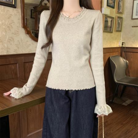 FA51679# 秋冬韩版温柔木耳边圆领蕾丝边喇叭袖安迪绒针织衫上衣 服裝批發女裝批發服飾貨源
