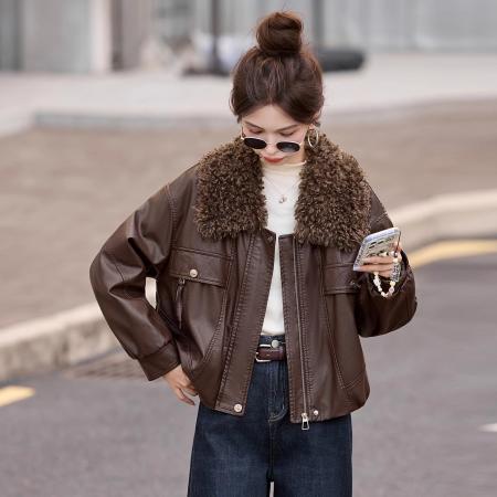 FA51680# 冬季新款可拆卸毛领皮衣外套女短款百搭显瘦洋气加绒加厚夹克 服裝批發女裝批發服飾貨源