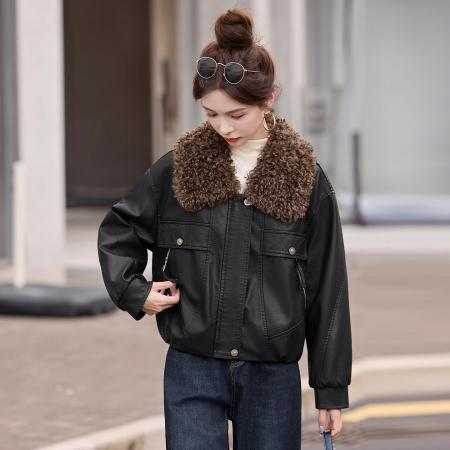 FA51680# 冬季新款可拆卸毛领皮衣外套女短款百搭显瘦洋气加绒加厚夹克 服裝批發女裝批發服飾貨源