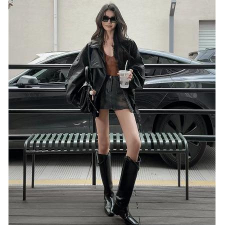 FA51681# 秋季超火复古港风高级感双层领皮衣外套拉风帅气时髦宽松机车夹克 服裝批發女裝批發服飾貨源