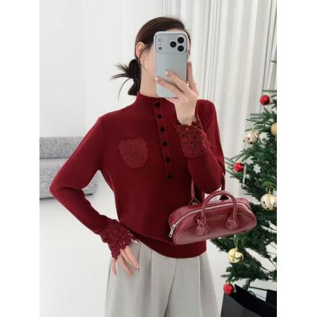 FA51683# 高级感勾花口袋灯笼袖羊毛针织衫气质显瘦纽扣半高领打底毛衣女冬 服裝批發女裝批發服飾貨源