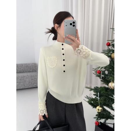FA51683# 高级感勾花口袋灯笼袖羊毛针织衫气质显瘦纽扣半高领打底毛衣女冬 服裝批發女裝批發服飾貨源