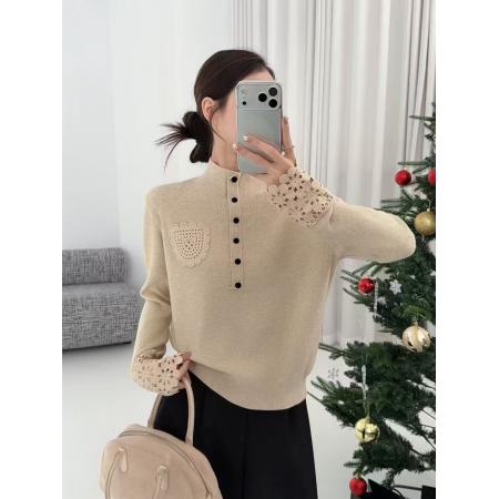 FA51683# 高级感勾花口袋灯笼袖羊毛针织衫气质显瘦纽扣半高领打底毛衣女冬 服裝批發女裝批發服飾貨源