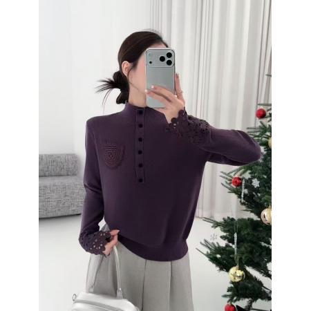 FA51683# 高级感勾花口袋灯笼袖羊毛针织衫气质显瘦纽扣半高领打底毛衣女冬 服裝批發女裝批發服飾貨源