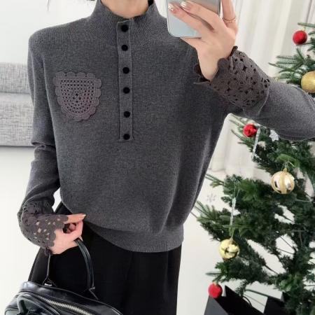 FA51683# 高级感勾花口袋灯笼袖羊毛针织衫气质显瘦纽扣半高领打底毛衣女冬 服裝批發女裝批發服飾貨源