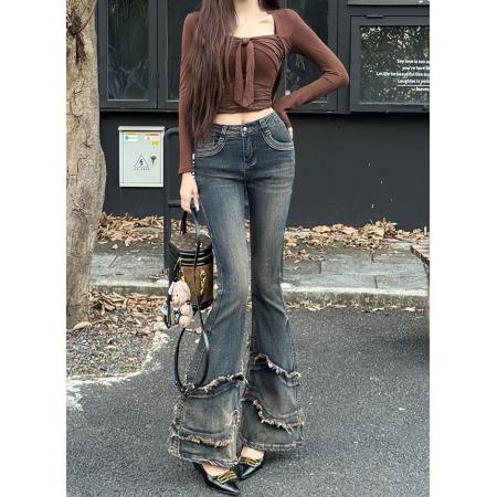 FA51685# 纯欲辣妹微喇叭牛仔裤女秋冬新款修身显瘦小个子马蹄裤潮 服裝批發女裝批發服飾貨源