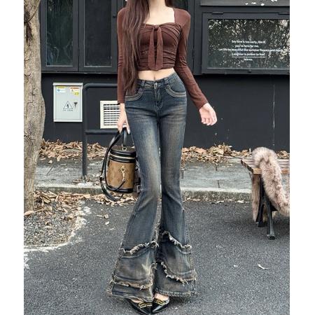 FA51685# 纯欲辣妹微喇叭牛仔裤女秋冬新款修身显瘦小个子马蹄裤潮 服裝批發女裝批發服飾貨源