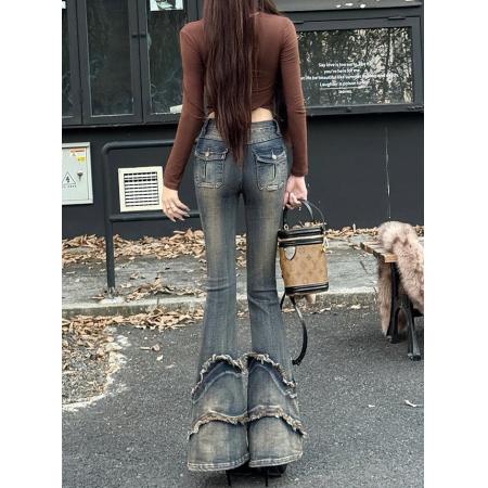 FA51685# 纯欲辣妹微喇叭牛仔裤女秋冬新款修身显瘦小个子马蹄裤潮 服裝批發女裝批發服飾貨源