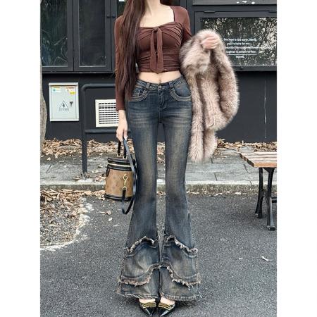 FA51685# 纯欲辣妹微喇叭牛仔裤女秋冬新款修身显瘦小个子马蹄裤潮 服裝批發女裝批發服飾貨源