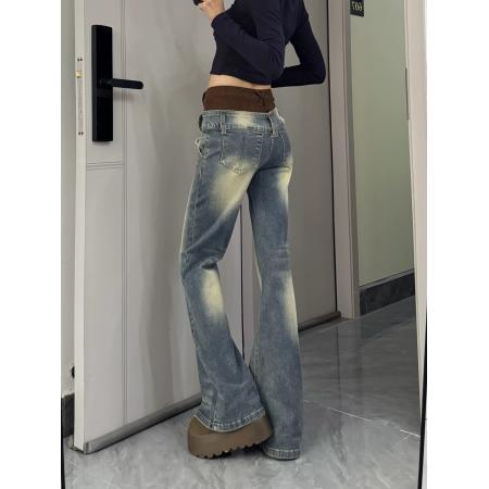 FA51687# 辣妹风水洗蓝微喇牛仔裤裤子女款冬季新款腰头拼接喇叭裤长裤 服裝批發女裝批發服飾貨源