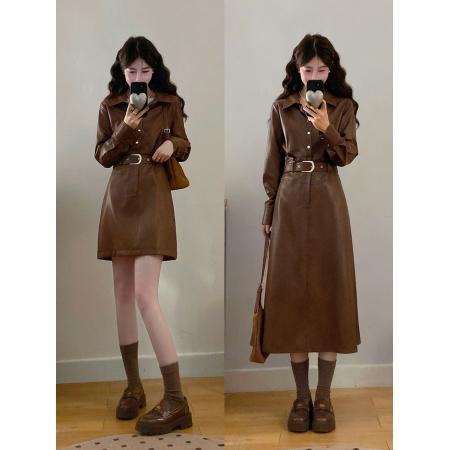 FA51689# ～大码女装布鲁克林棕咖色皮衣连衣裙胖MM藏肉显瘦收腰皮裙女 服裝批發女裝批發服飾貨源