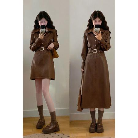 FA51689# ～大码女装布鲁克林棕咖色皮衣连衣裙胖MM藏肉显瘦收腰皮裙女 服裝批發女裝批發服飾貨源