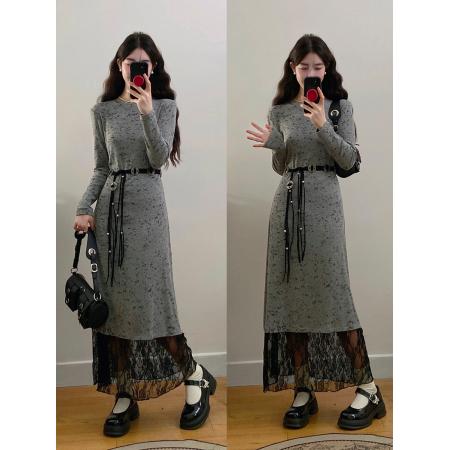 FA51690# 大码女装秋冬蕾丝拼接气质长袖针织连衣裙胖MM藏肉显瘦长裙 服裝批發女裝批發服飾貨源