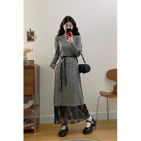 FA51690# 大码女装秋冬蕾丝拼接气质长袖针织连衣裙胖MM藏肉显瘦长裙 服裝批發女裝批發服飾貨源