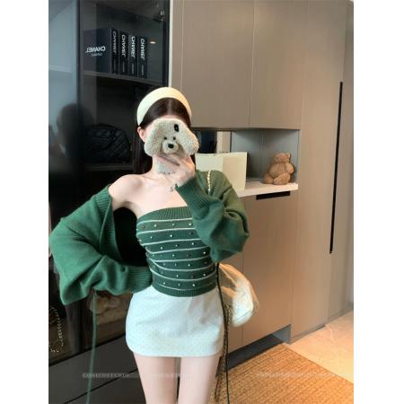 FA51691# 圣诞罗曼史绿色毛衣套装女冬新款针织条纹上衣两件套 服裝批發女裝批發服飾貨源