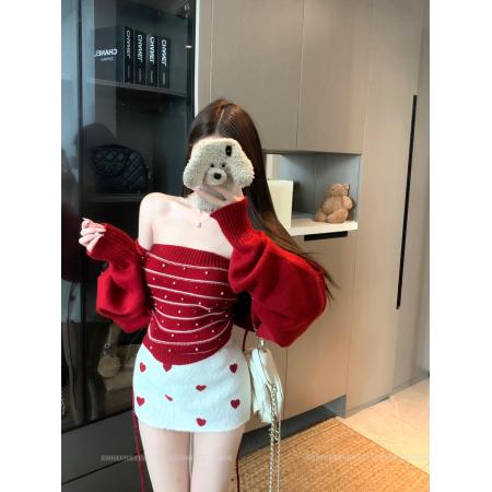 FA51691# 圣诞罗曼史绿色毛衣套装女冬新款针织条纹上衣两件套 服裝批發女裝批發服飾貨源