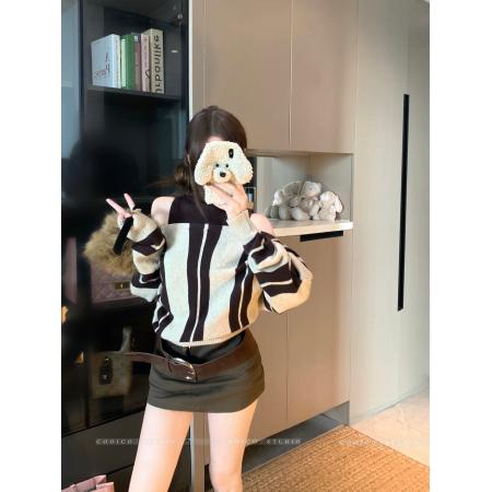 FA51692# 慵懒风高级感一字肩撞色条纹针织衫+半高领背心毛衣两件套 服裝批發女裝批發服飾貨源