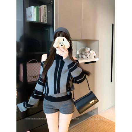 FA51692# 慵懒风高级感一字肩撞色条纹针织衫+半高领背心毛衣两件套 服裝批發女裝批發服飾貨源