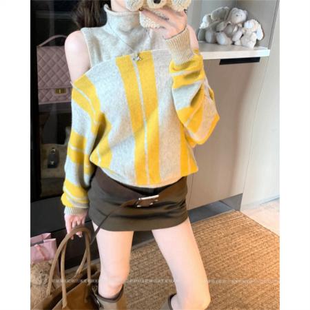 FA51692# 慵懒风高级感一字肩撞色条纹针织衫+半高领背心毛衣两件套 服裝批發女裝批發服飾貨源