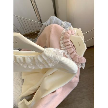 FA51693# 粉色内搭针织T恤女甜美花边圆领显瘦叠穿打底衫修身毛衫上衣 服裝批發女裝批發服飾貨源