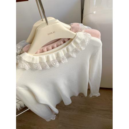 FA51693# 粉色内搭针织T恤女甜美花边圆领显瘦叠穿打底衫修身毛衫上衣 服裝批發女裝批發服飾貨源