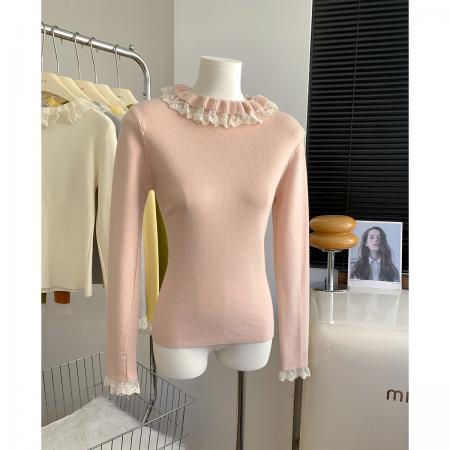 FA51693# 粉色内搭针织T恤女甜美花边圆领显瘦叠穿打底衫修身毛衫上衣 服裝批發女裝批發服飾貨源