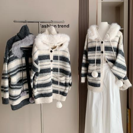 FA51714# 撞色条纹连帽针织开衫女宽松慵懒风中长款毛球毛衣外套 服裝批發女裝批發服飾貨源