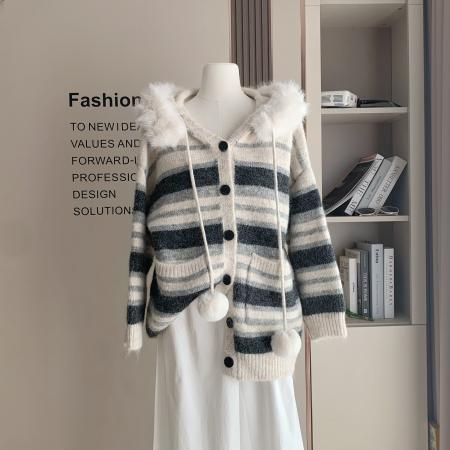 FA51714# 撞色条纹连帽针织开衫女宽松慵懒风中长款毛球毛衣外套 服裝批發女裝批發服飾貨源