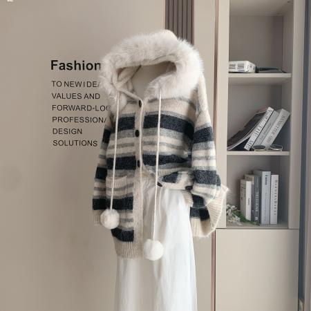 FA51714# 撞色条纹连帽针织开衫女宽松慵懒风中长款毛球毛衣外套 服裝批發女裝批發服飾貨源