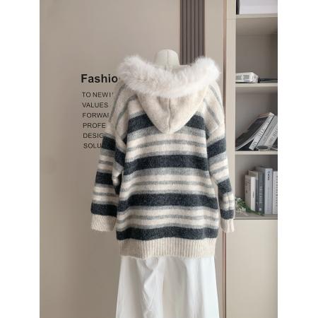 FA51714# 撞色条纹连帽针织开衫女宽松慵懒风中长款毛球毛衣外套 服裝批發女裝批發服飾貨源