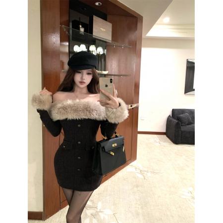 FA51715# 秋冬富家千金感可拆毛领袖套一字肩连衣裙修身显瘦包臀短裙 服裝批發女裝批發服飾貨源