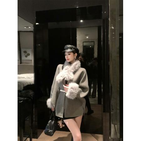 FA51716# ～秋冬韩系慵懒感可拆卸毛领大衣中长款系带收腰外套配皮带 服裝批發女裝批發服飾貨源