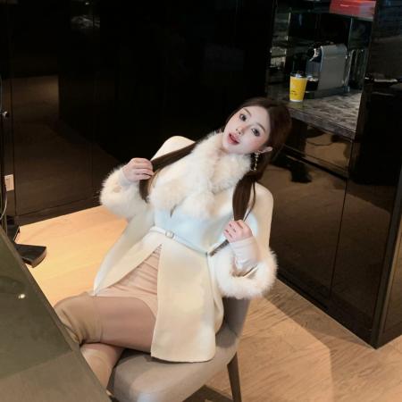 FA51716# ～秋冬韩系慵懒感可拆卸毛领大衣中长款系带收腰外套配皮带 服裝批發女裝批發服飾貨源